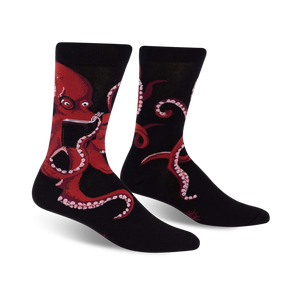 black crew socks with a red octopus holding a book and pipe. 