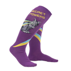 Lifestyle shot showing the 'Secret Powers' socks on a person's legs, highlighting the fit and design.