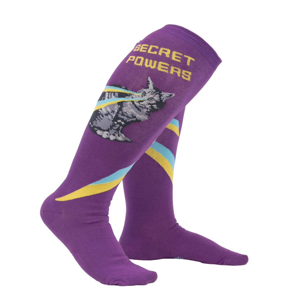 Lifestyle shot showing the 'Secret Powers' socks on a person's legs, highlighting the fit and design.