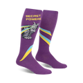 Purple knee-high socks with a grey cat shooting lasers, yellow and teal stripes, and the words 'Secret Powers'.