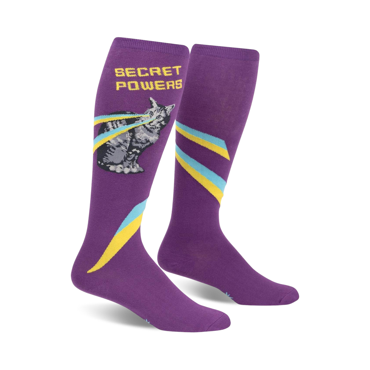 Purple knee-high socks with a grey cat shooting lasers, yellow and teal stripes, and the words 'Secret Powers'.