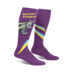 Purple knee-high socks with a grey cat shooting lasers, yellow and teal stripes, and the words 'Secret Powers'.