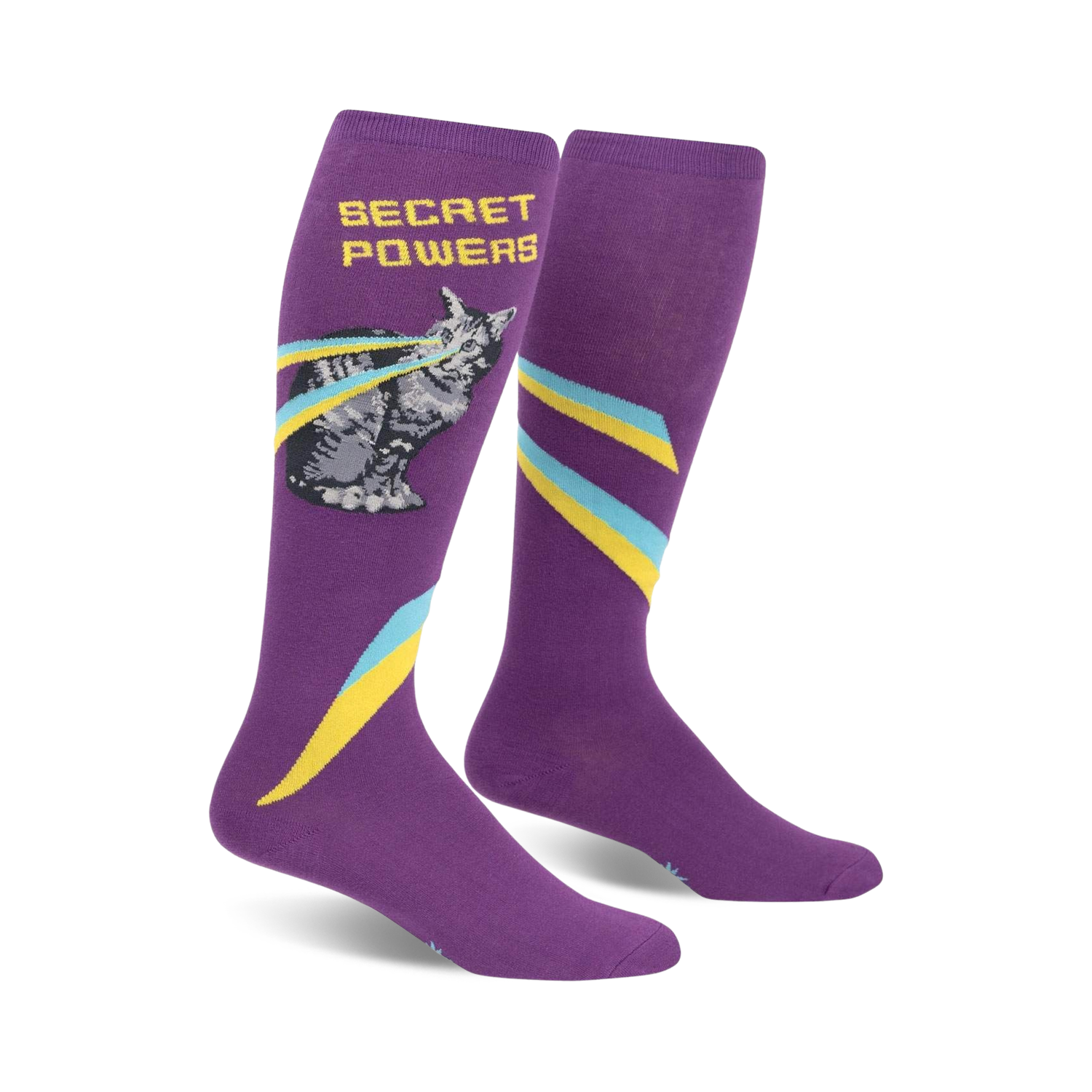 Purple knee-high socks with a grey cat shooting lasers, yellow and teal stripes, and the words 'Secret Powers'.