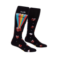 Pair of black knee-high socks with a 'talk WORDY to me' graphic, rainbow, and scattered book and letter designs.
