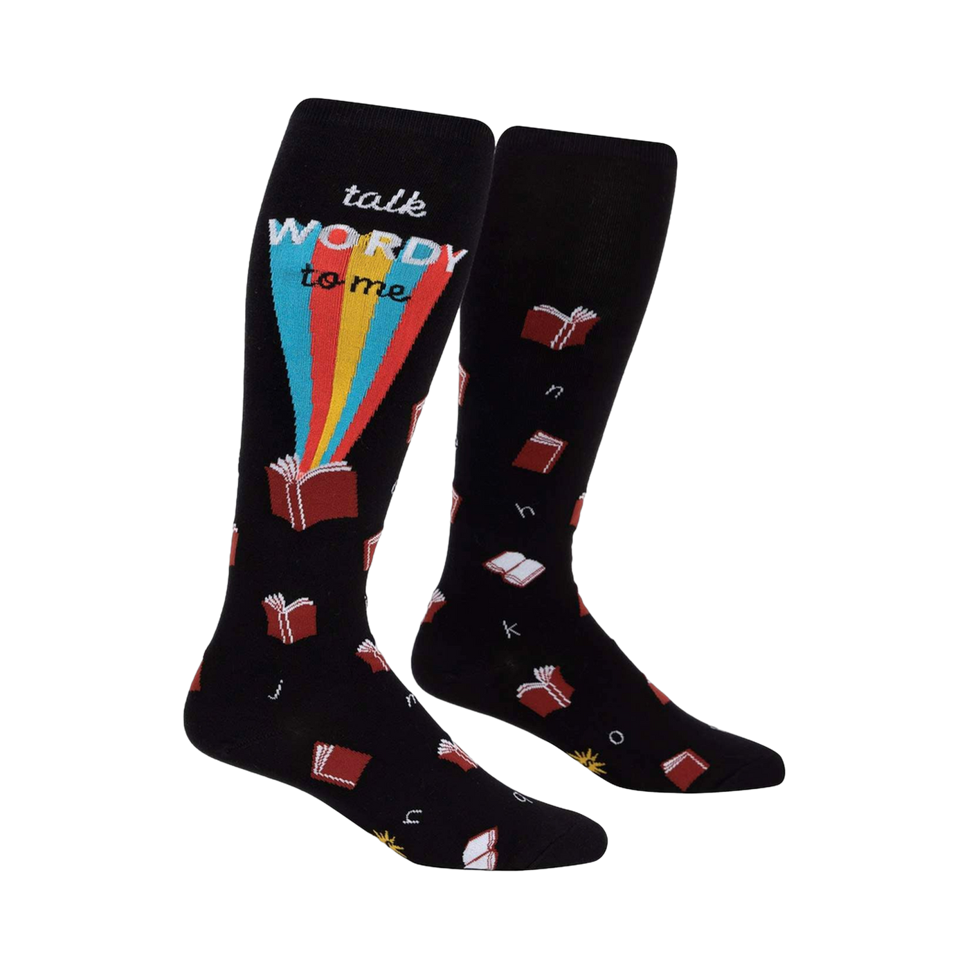 Pair of black knee-high socks with a 'talk WORDY to me' graphic, rainbow, and scattered book and letter designs.