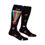 Pair of black knee-high socks with a 'talk WORDY to me' graphic, rainbow, and scattered book and letter designs.