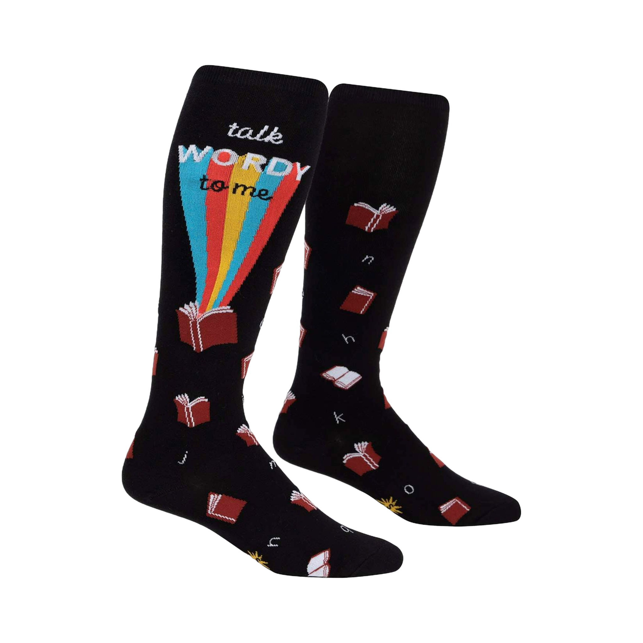 Pair of black knee-high socks with a 'talk WORDY to me' graphic, rainbow, and scattered book and letter designs.