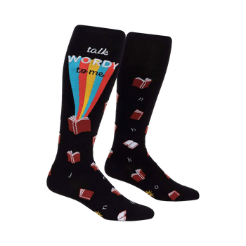Pair of black knee-high socks with a 'talk WORDY to me' graphic, rainbow, and scattered book and letter designs.