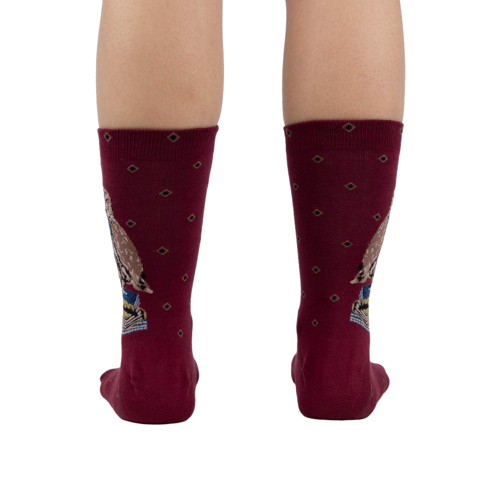 Back view of the socks worn on a person's legs, showcasing the design on the back of the socks.