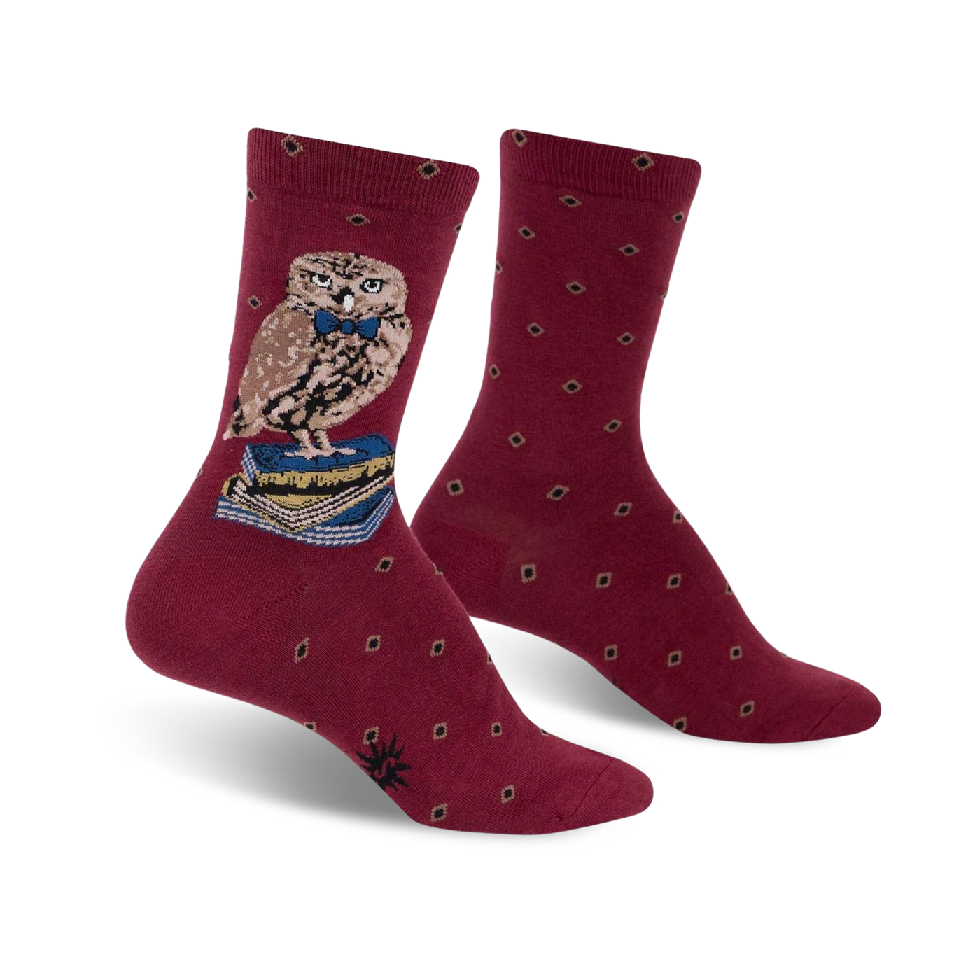 Burgundy crew socks with a brown owl wearing a bow tie and perched on a stack of books. Small diamond pattern adorns the socks.