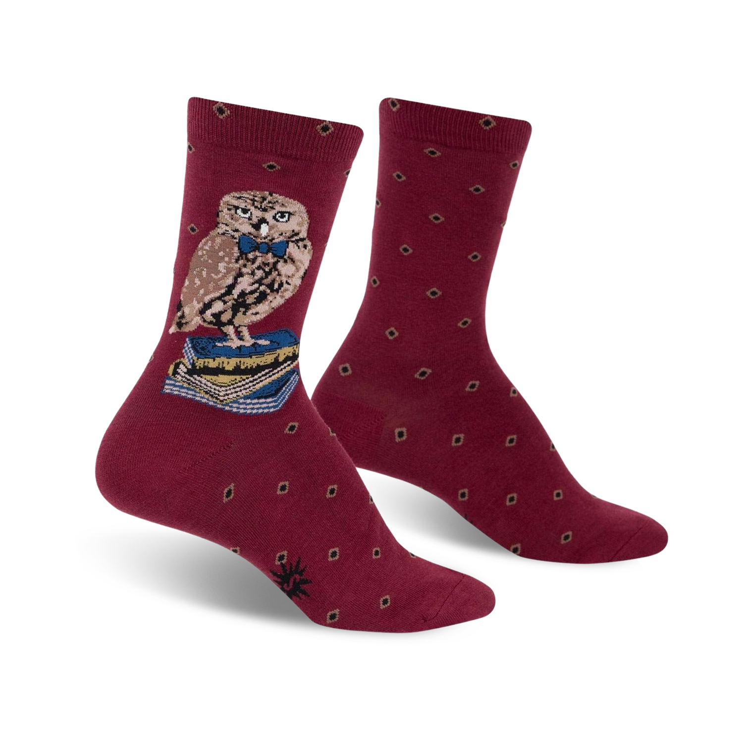 Burgundy crew socks with a brown owl wearing a bow tie and perched on a stack of books. Small diamond pattern adorns the socks.
