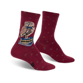maroon and white polka dot crew socks with an owl wearing a purple bow tie graphic, perfect for bookworms.  