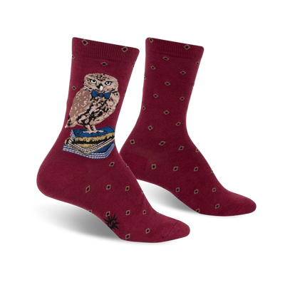 maroon and white polka dot crew socks with an owl wearing a purple bow tie graphic, perfect for bookworms.  