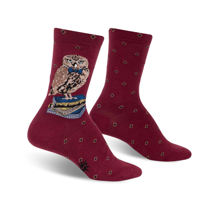 maroon and white polka dot crew socks with an owl wearing a purple bow tie graphic, perfect for bookworms.  