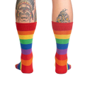 Rear view of the rainbow shimmer socks on a person's legs.