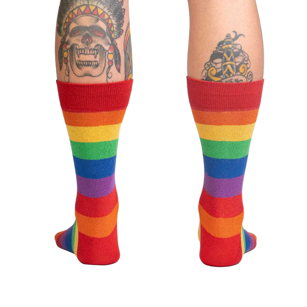 Rear view of the rainbow shimmer socks on a person's legs.