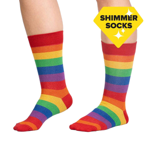 Lifestyle shot of a person wearing the rainbow shimmer socks, showcasing the fit and style.