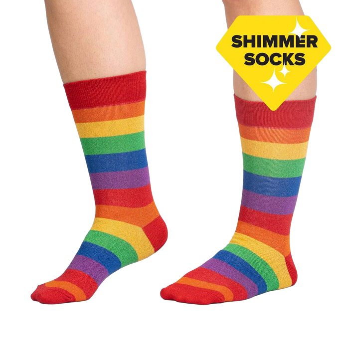 Lifestyle shot of a person wearing the rainbow shimmer socks, showcasing the fit and style.