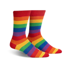Pair of rainbow crew socks.  Red, orange, yellow, green, blue, purple stripes with subtle shimmer.