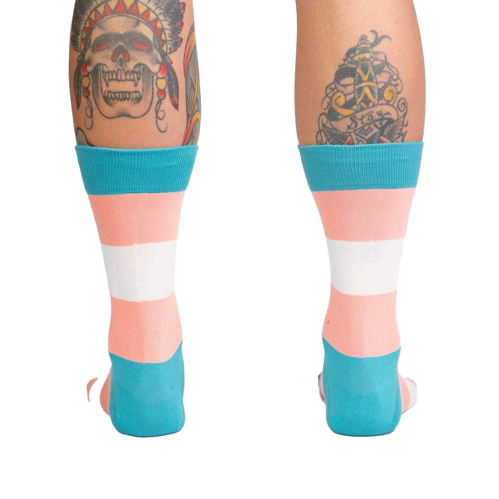 Back view of the Trans Pride socks on a person's legs.
