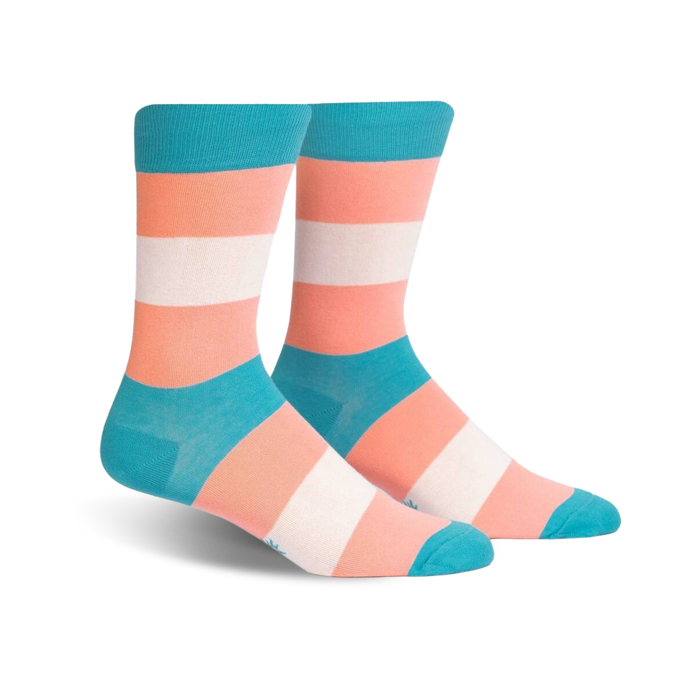 Pair of crew socks in teal, peach, and white horizontal stripes representing the transgender pride flag.
