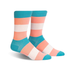 Pair of crew socks in teal, peach, and white horizontal stripes representing the transgender pride flag.