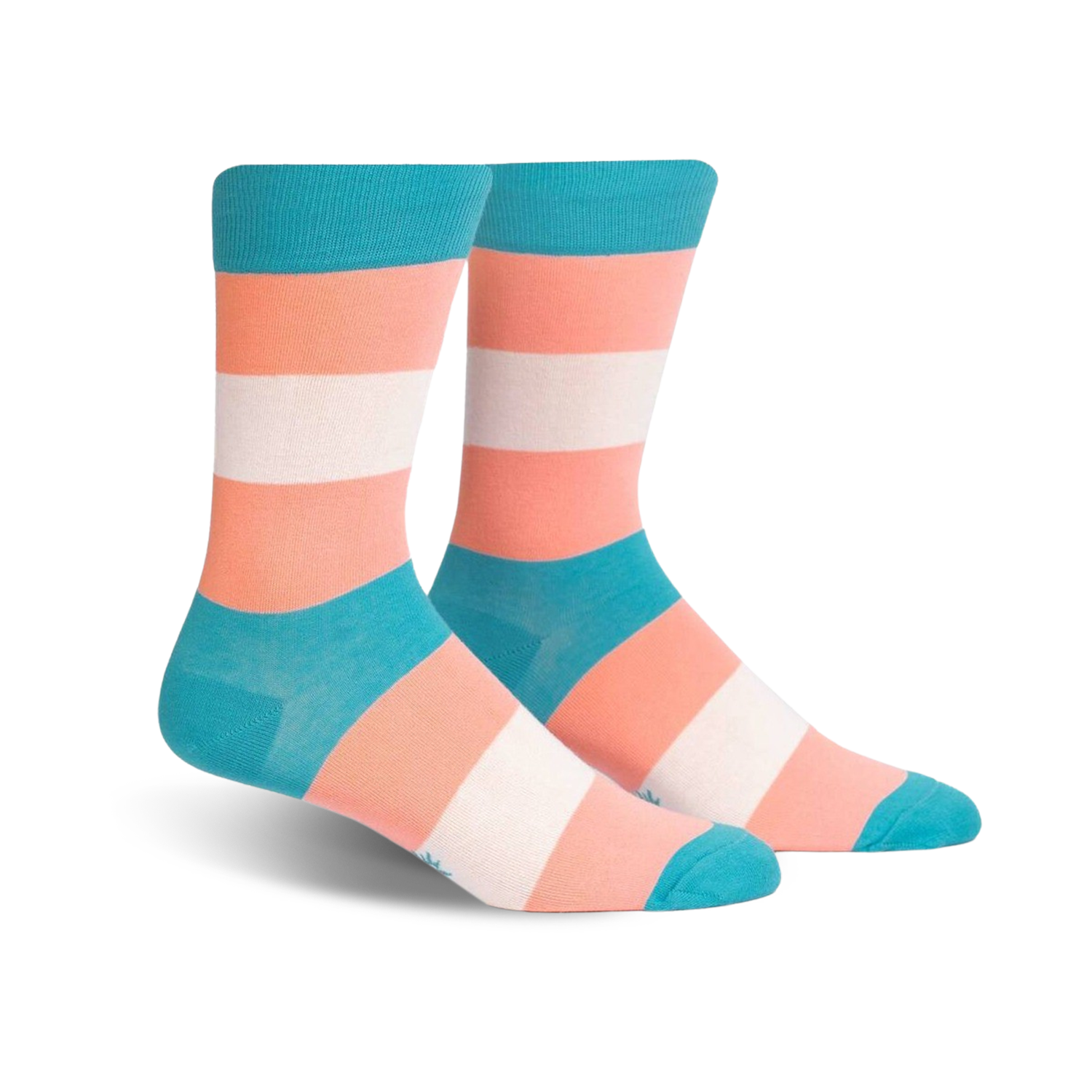 Pair of crew socks in teal, peach, and white horizontal stripes representing the transgender pride flag.