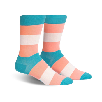 crew length socks for men and women with horizontal stripes in blue, white, and pink.  