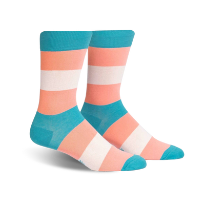 crew length socks for men and women with horizontal stripes in blue, white, and pink.  