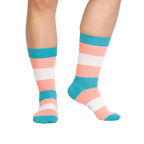 Flat lay of Trans Pride socks showing details of the design and colors.