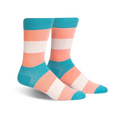 Close-up detail shot highlighting the fabric texture and vibrant colors of the Trans Pride socks.