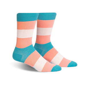 blue, white, and pink striped crew socks for men and women, celebrating pride.   