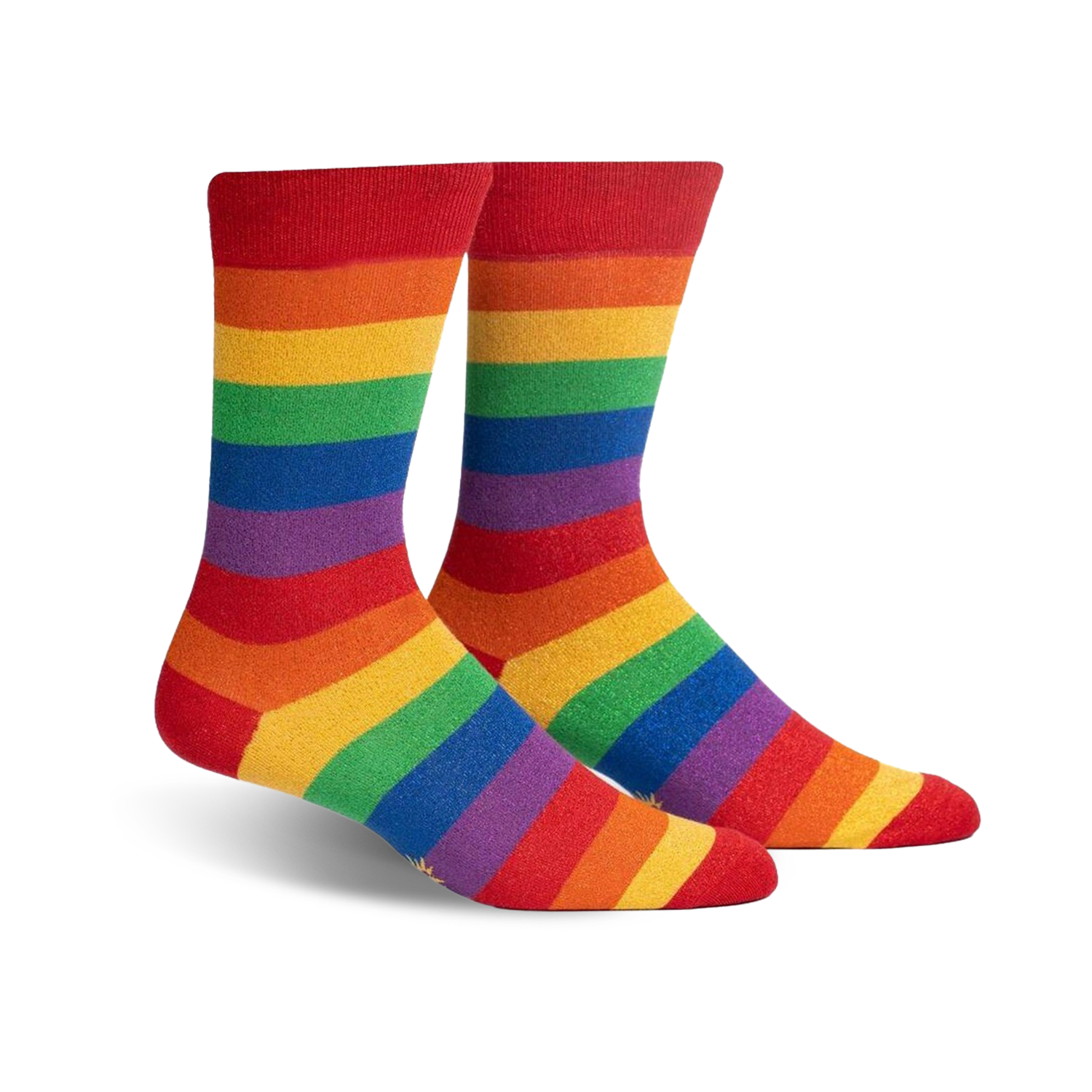 Close-up studio shot of the rainbow shimmer crew socks, emphasizing the vibrant colors and shimmery effect.