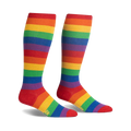 Pair of rainbow striped knee-high socks.  Red, orange, yellow, green, blue, indigo, and violet stripes. Small sun logo near the toes.