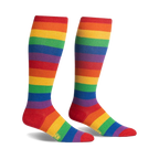 Pair of rainbow striped knee-high socks.  Red, orange, yellow, green, blue, indigo, and violet stripes. Small sun logo near the toes.