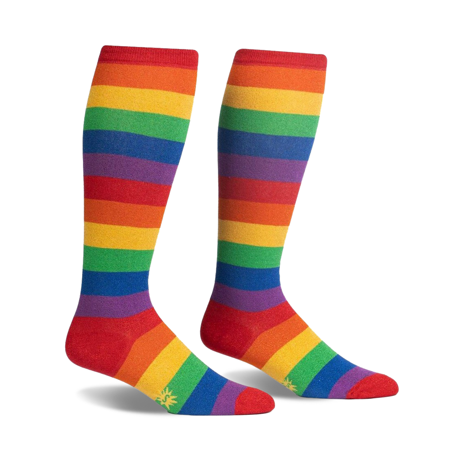 Pair of rainbow striped knee-high socks.  Red, orange, yellow, green, blue, indigo, and violet stripes. Small sun logo near the toes.