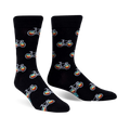 Pair of black crew socks with repeating rainbow bicycle graphic. 