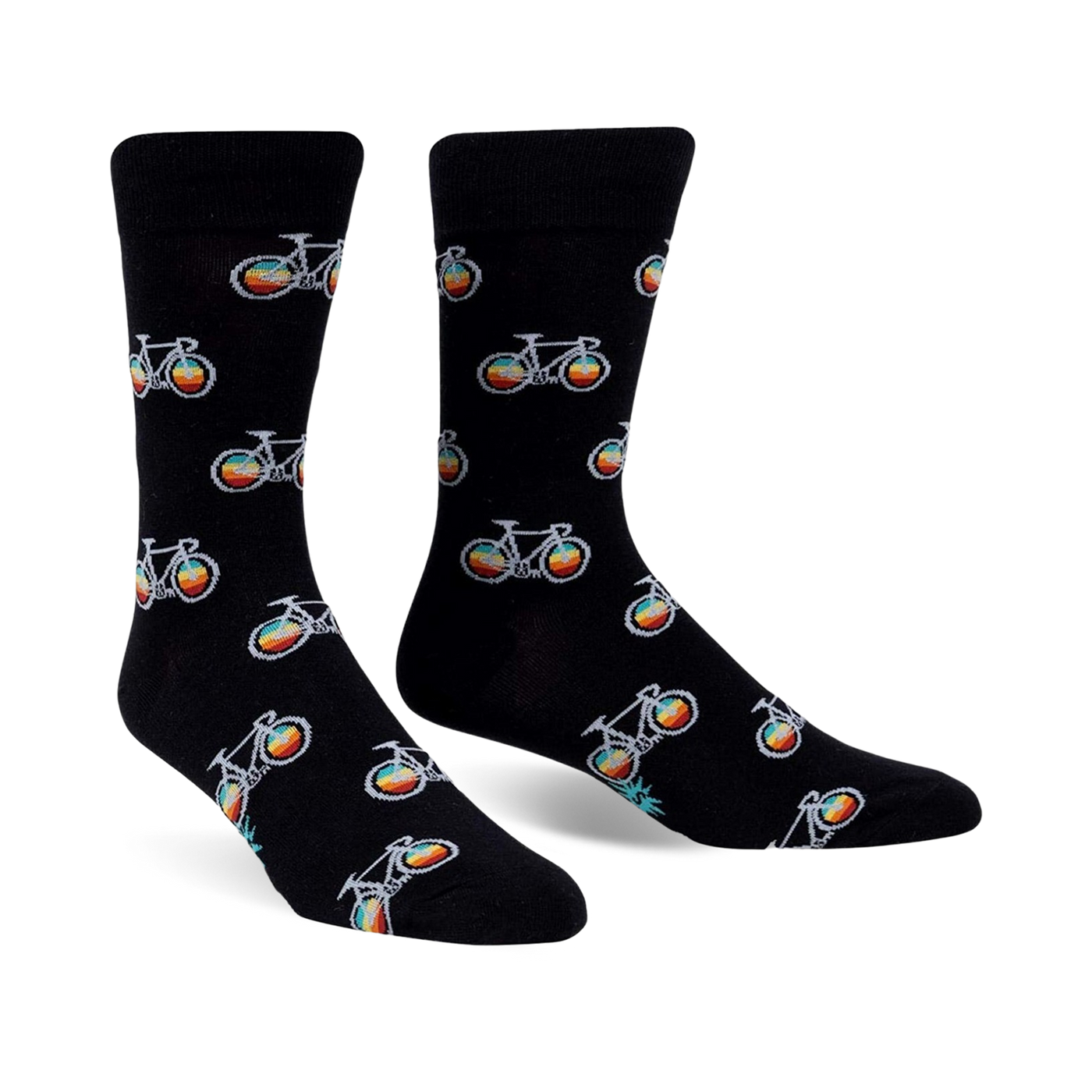 Pair of black crew socks with repeating rainbow bicycle graphic. 