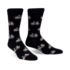 Pair of black crew socks with repeating rainbow bicycle graphic. 