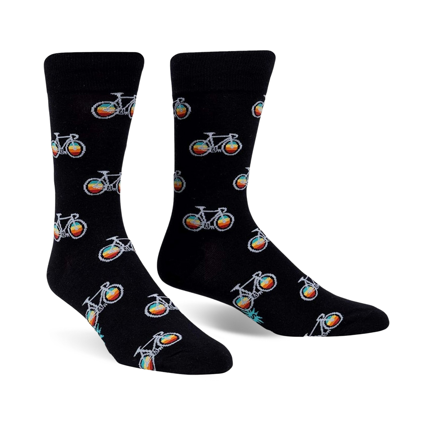 Pair of black crew socks with repeating rainbow bicycle graphic. 