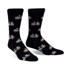 black crew socks with multi-colored bicycle pattern.   