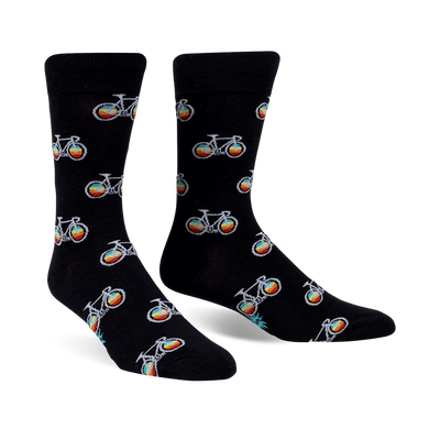 black crew socks with multi-colored bicycle pattern.   