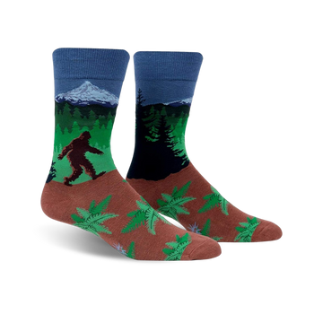 welcome to my hood crew socks - brown, blue, and green socks featuring bigfoot in the forest.   