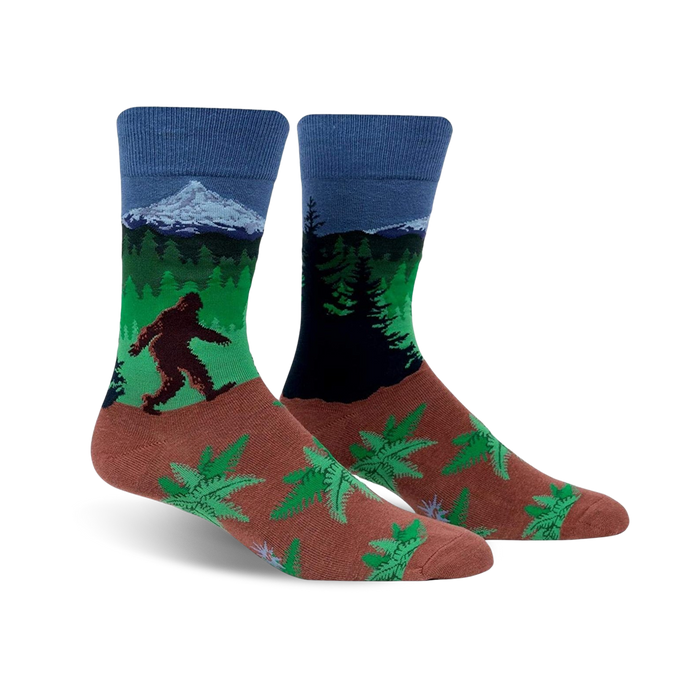 welcome to my hood crew socks - brown, blue, and green socks featuring bigfoot in the forest.    }}