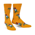 A pair of mustard-yellow crew socks featuring colorful gnomes skateboarding and carrying boomboxes. 