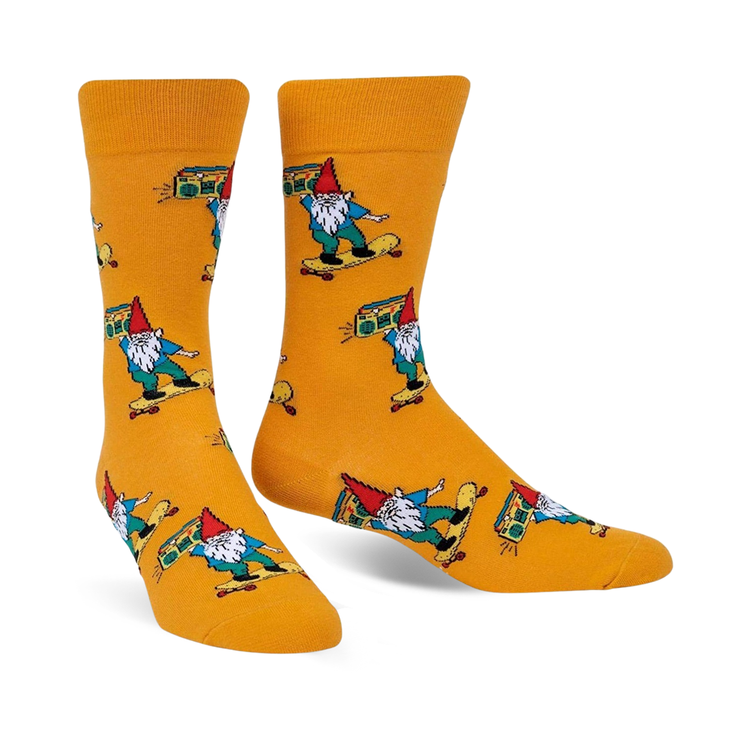 A pair of mustard-yellow crew socks featuring colorful gnomes skateboarding and carrying boomboxes. 