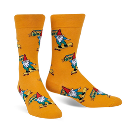 yellow crew socks with a pattern of skateboarding gnomes.   
