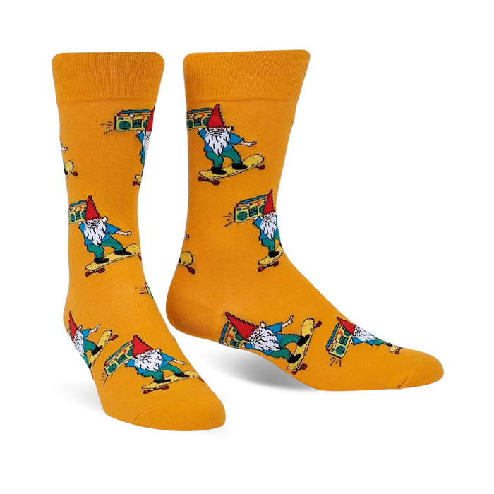 yellow crew socks with a pattern of skateboarding gnomes.    }}
