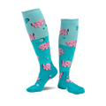 pair of knee high socks with pink dancing axolotls. blue undertones with bubbles scattered around.
