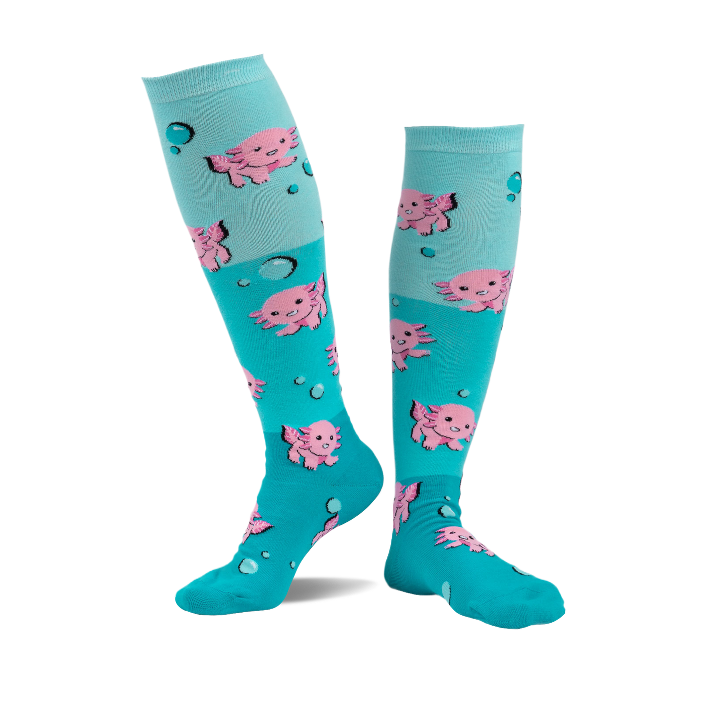 pair of knee high socks with pink dancing axolotls. blue undertones with bubbles scattered around.